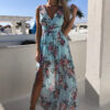 Robe Bohème Bleu Clair Fleurie Col En V