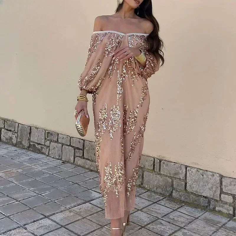 Robe Longue Sequins Caramel – Image 5