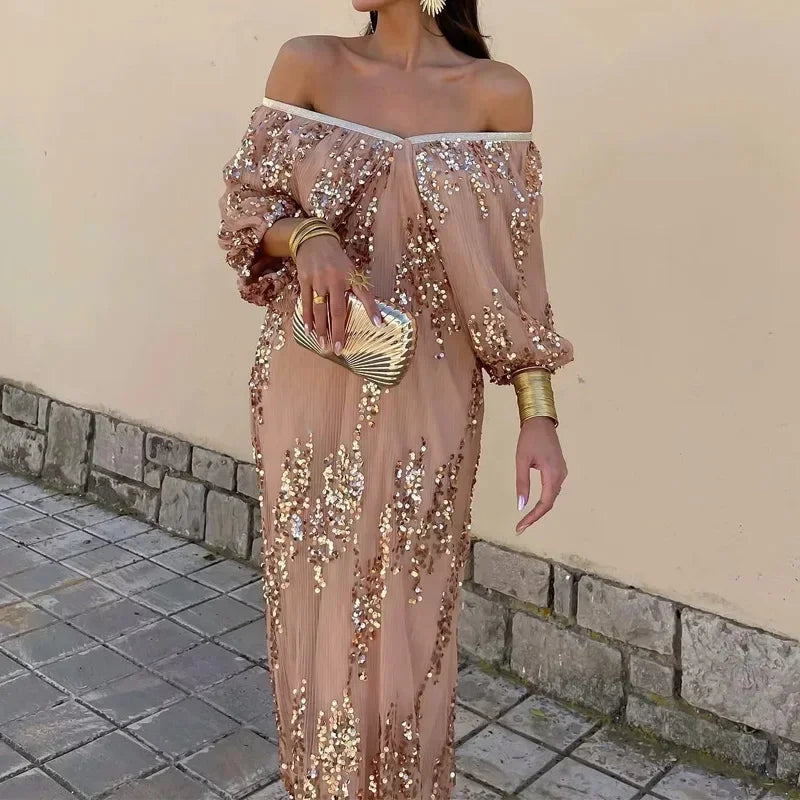 Robe Longue Sequins Caramel – Image 3