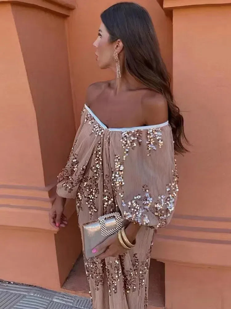 Robe Longue Sequins Caramel – Image 2