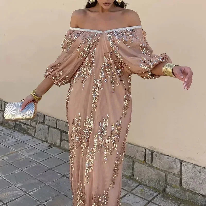 Robe Longue Sequins Caramel – Image 4