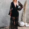 Robe Noire Longue Bohème Dentelle Manches Longues