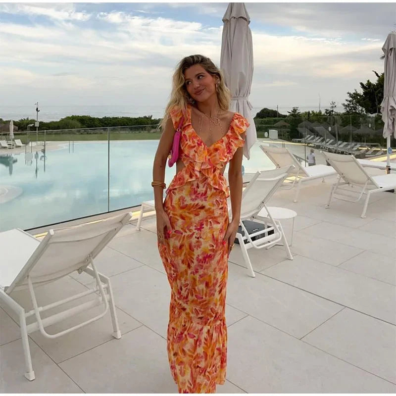 Robe Longue Orange Bohème Fleurs – Image 2