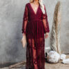 Robe Rouge Longue Bohème Dentelle Manches Longues