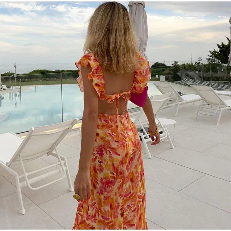 Robe Longue Orange Bohème Fleurs – Image 4