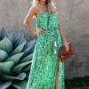 Robe Longue Verte Bustier sans Manches à Fleurs