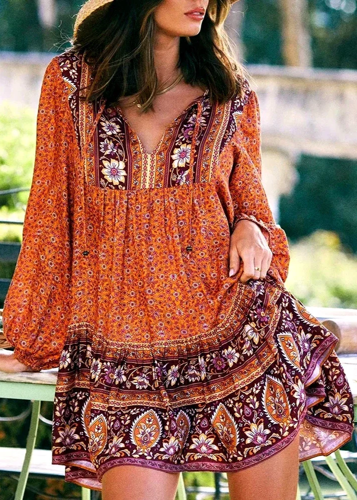 Robe hippie manches longues terracotta
